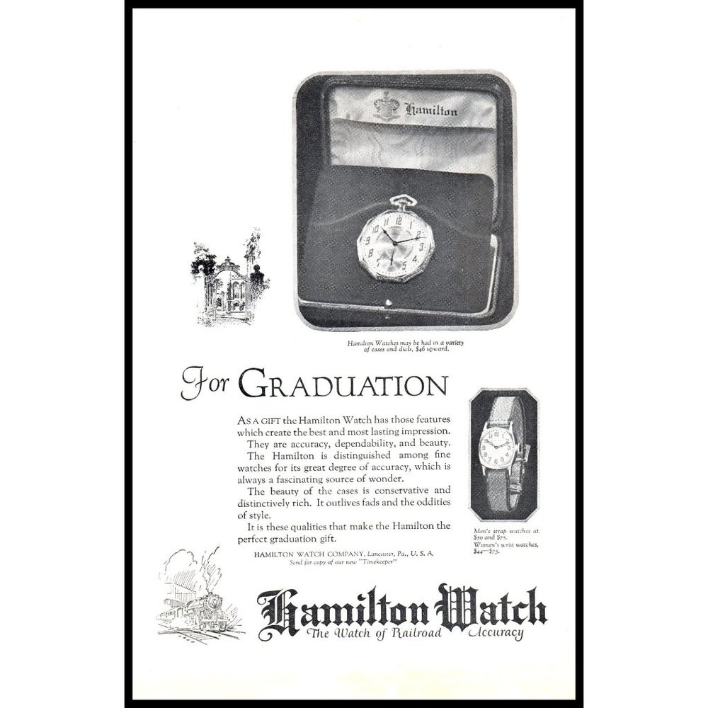 1924 Hamilton Watch Pocket Pocketwatch Vintage Print Ad Graduation Gift Wall Art